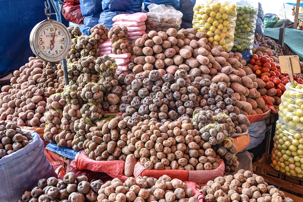 Peru. Matmarked. Ulike sorter poteter. Foto
