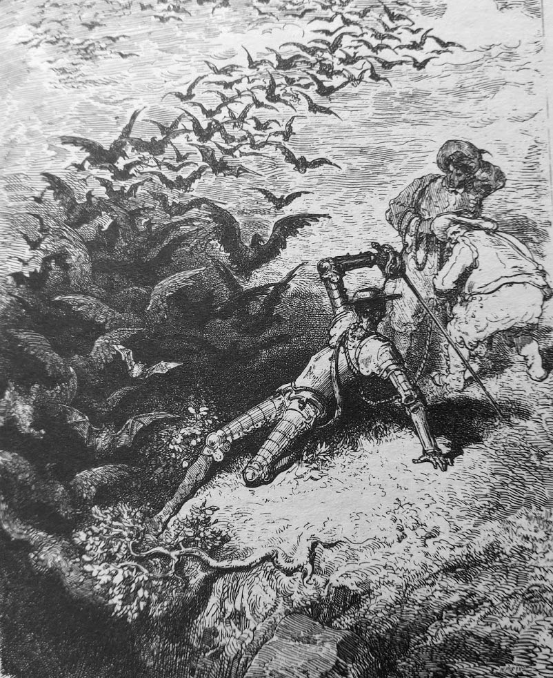 Gustave Dore, Don Quijote slås med ravner. Illustrasjon til Don Quijote, 1863
