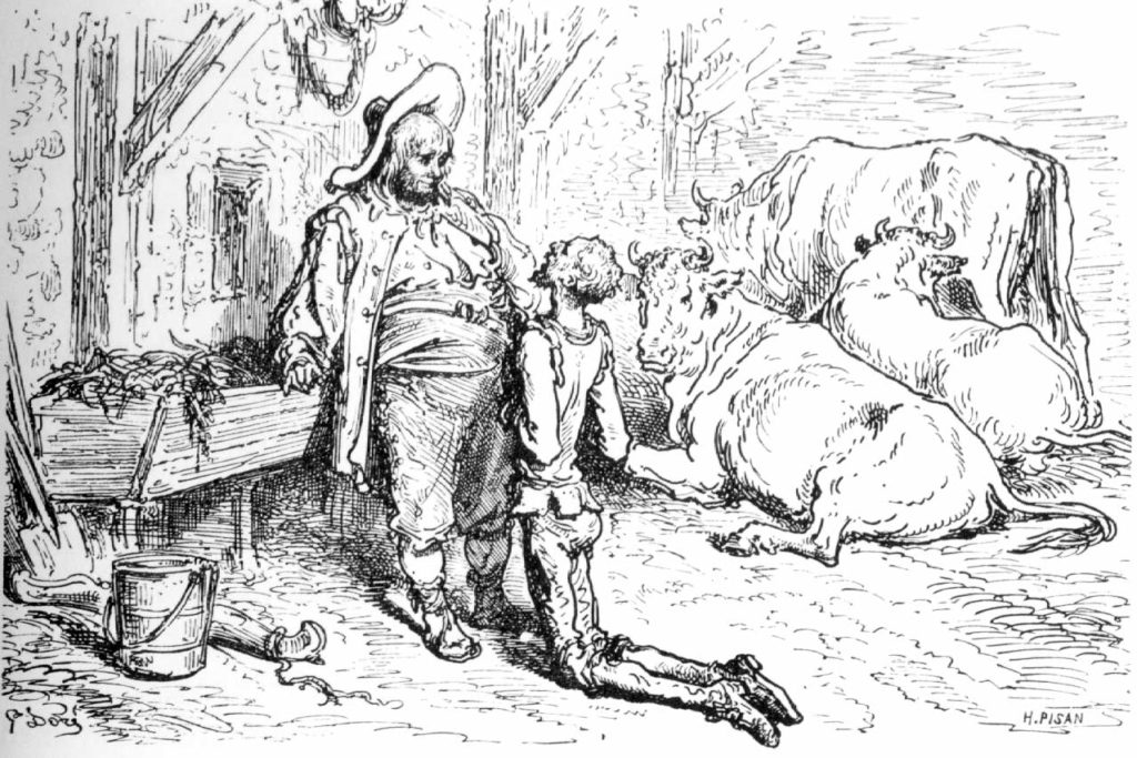 Don Quijote og vertshusverten. Illustrasjon til Don Quijoe av Gustave Doré, 1863.