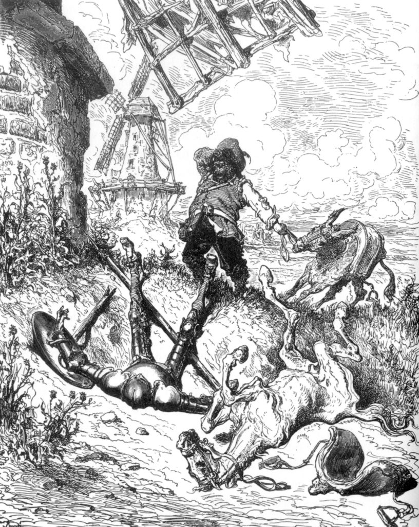 Don Quijote og Sancho etter slag med vindmøllene. Illustrasjon til boka av Gustave Dore.