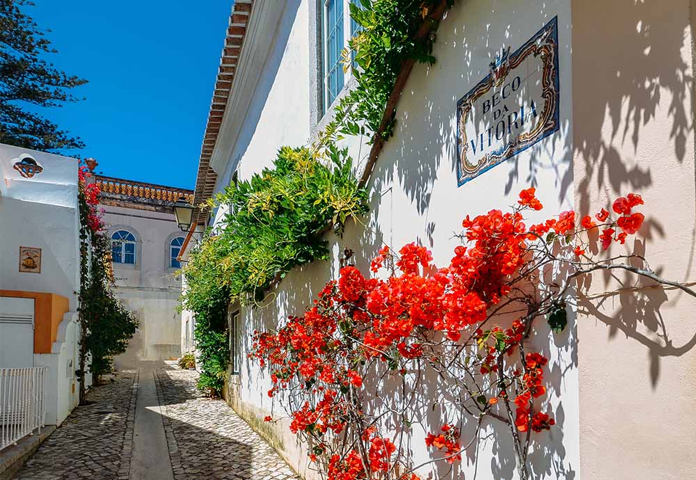 Portugal. Cascais. En typisk gate med blomster på husfasadene.
