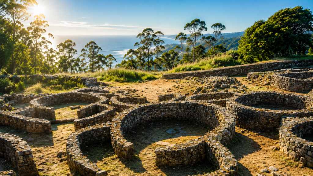 Spania. Galicia. Castro de Santa Tecla - keltiske ruiner og landskap mot havet
