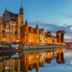 Polen. Gdansk. Gamlebyen i kveldsbelysning.